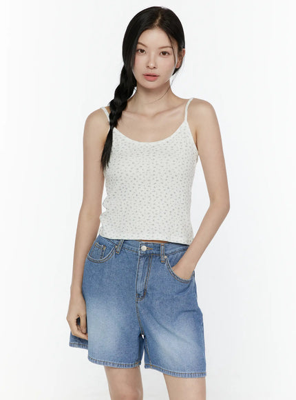 Puff Sleeve Floral Cami Top IL506 White front shot on model wearing as spaghetti-strap cami without outer puff sleeve layer, denim shorts styling
