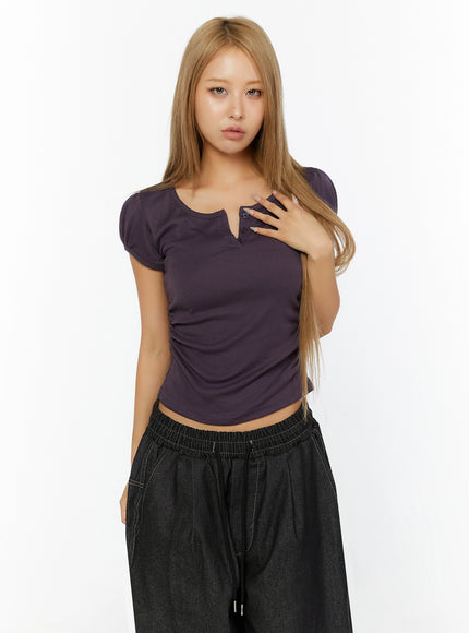 Puff Sleeve Henley Tee IL524 in Purple, size S/M