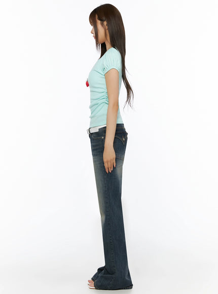 Puff Sleeve Tee IL523 Mint full-length side shot on model showing puff sleeve silhouette ruched waist fitted crop length with flare jeans