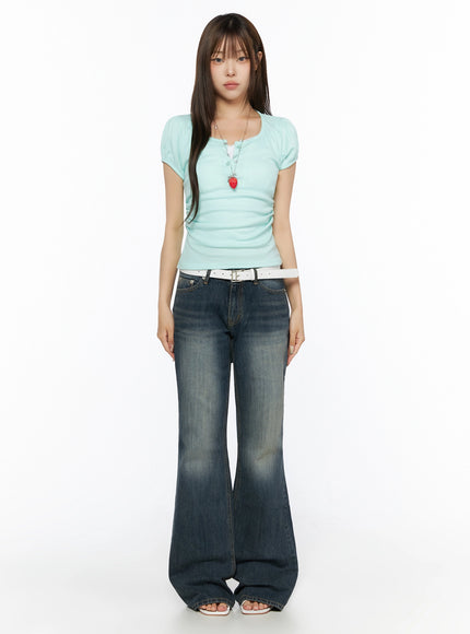 Puff Sleeve Tee IL523 Mint full-length front shot on model standing straight arms at sides henley neckline ruched waist flare jeans white sandals