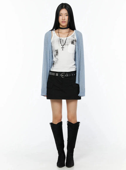 Raglan Sheer Open Knit Cardigan IL509 Light blue full-body front shot model standing straight arms at sides styled with white graphic tank black mini skirt and knee-high boots