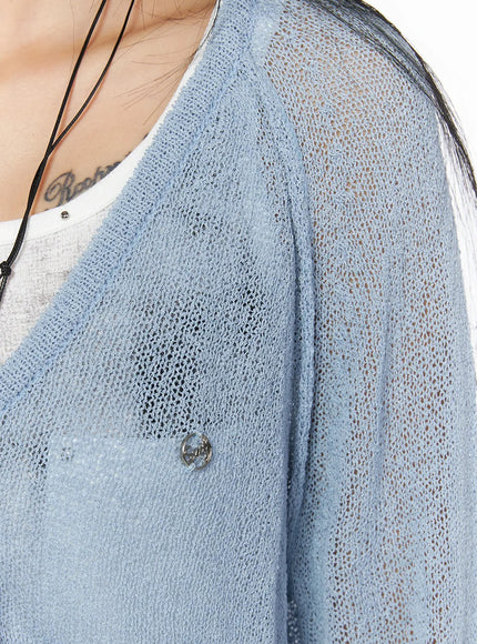 Raglan Sheer Open Knit Cardigan IL509 Light blue close-up detail shot showing open-knit sheer texture raglan seam and small silver logo charm button on chest