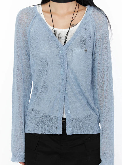 Raglan Sheer Open Knit Cardigan IL509 Light blue front detail crop shot on model showing V-neck button placket sheer knit fabric open weave texture and ribbed hem