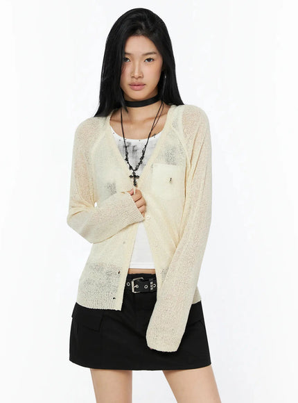 Raglan Sheer Open Knit Cardigan IL509 in Light beige, size S/M