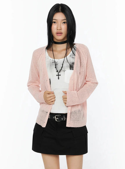 Raglan Sheer Open Knit Cardigan IL509 in Pink, size S/M