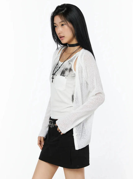 Raglan Sheer Open Knit Cardigan IL509 in White, size S/M
