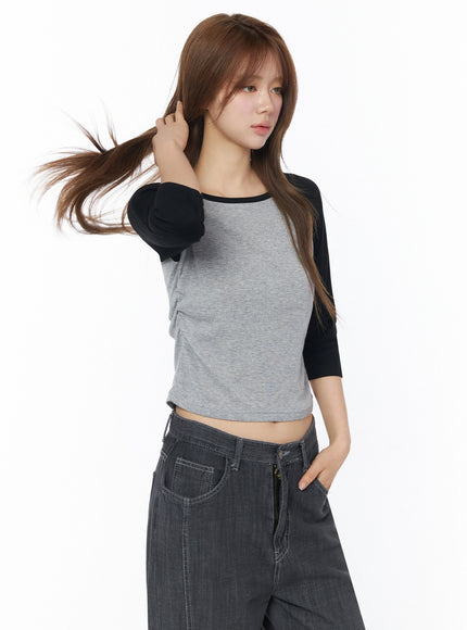 Raglan Shirred 3/4 Top IU525 in Gray, size S/M