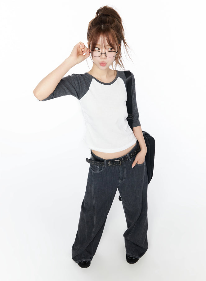 LEWKIN Raglan Shirred 3/4 Top IU525 White S/M front full-body on model with bun updo, glasses, styled with dark wide-leg jeans and black belt, casual Y2K look