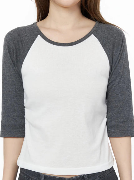 Raglan Shirred 3/4 Top IU525 White close-up front on model, highlighting scoop neckline, charcoal ribbed trim, white body fabric texture, and 3/4 raglan sleeve detail