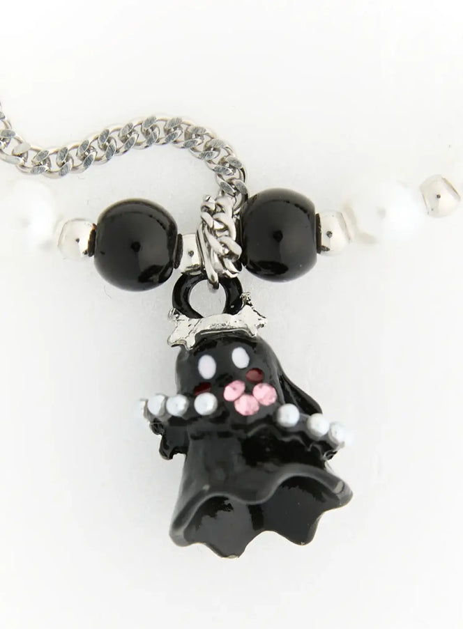 LEWKIN Raven Halloween Bracelet IL522 black close-up detail of ghost charm with pink crystal embellishments and white pearl beads on silver curb chain