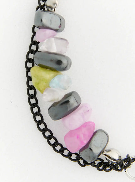 Raven Halloween Necklace IL517 Black close-up detail of multicolor stone beads in pink yellow green and grey alternating with hematite on black chain