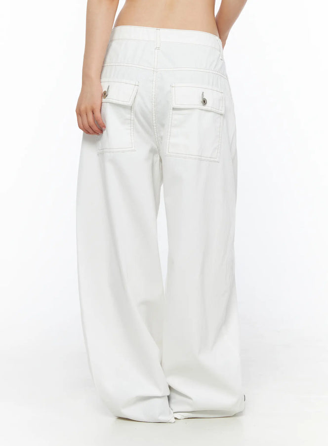 LEWKIN Relaxed Fit Baggy Pants CL502 White size S back view on model showing double flap pockets with silver buttons and contrast stitching