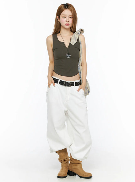Relaxed Fit Baggy Pants CL502 White full outfit front view on model styled with olive tank top belt and brown boots