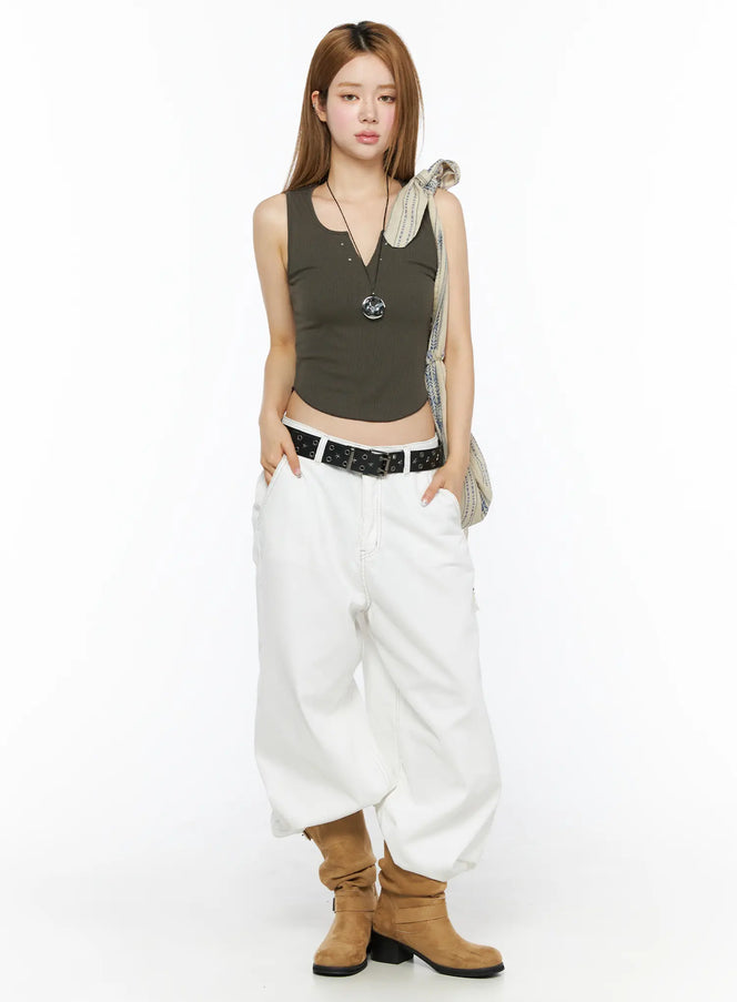 Relaxed Fit Baggy Pants CL502 White full outfit front view on model styled with olive tank top belt and brown boots