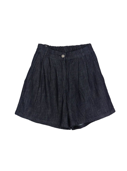 Relaxed-Fit Pintuck Shorts IU525 Dark blue flat-lay front view showing pintuck pleats silver snap button elastic back waistband and wide-leg cut