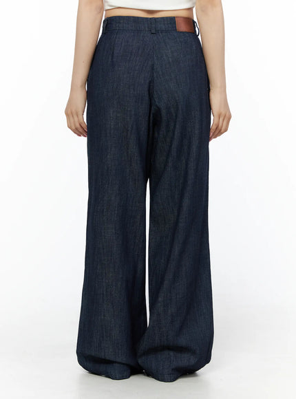 Relaxed-Fit Wide-Leg Pants IU525 Dark blue back shot on model showing clean rear waistband with brown leather label patch and wide-leg denim drape