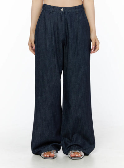 LEWKIN Relaxed-Fit Wide-Leg Pants IU525 Dark blue front crop shot on model size XS showing high-waist pleated denim with silver button and wide-leg silhouette