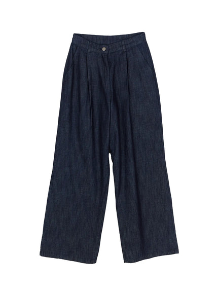 Relaxed-Fit Wide-Leg Pants IU525 Dark blue flat-lay on white background showing full silhouette with pleated front high waistband and wide flared legs