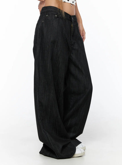 Rene Studded Wide Leg Jeans CU524 Black side view on model showing zip fly detail, balloon-style wide-leg denim with dramatic volume