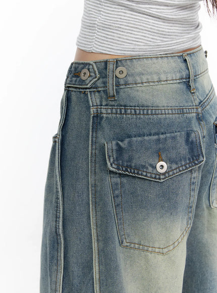 Rey Vintage Washed Wide Leg Jeans CL524 Blue close-up side back pocket detail, snap button flap pocket, contrast stitching, vintage wash denim texture