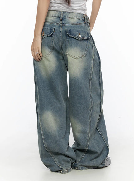 Rey Vintage Washed Wide Leg Jeans CL524 Blue back shot on model, double button-flap back pockets with chevron stitching, heavy sun-faded wash