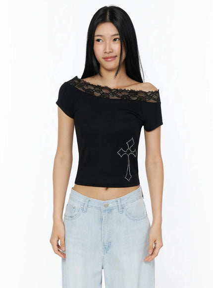 Rhinestone Cross Lace Trim Off-Shoulder Top IL516 in Black, size S/M