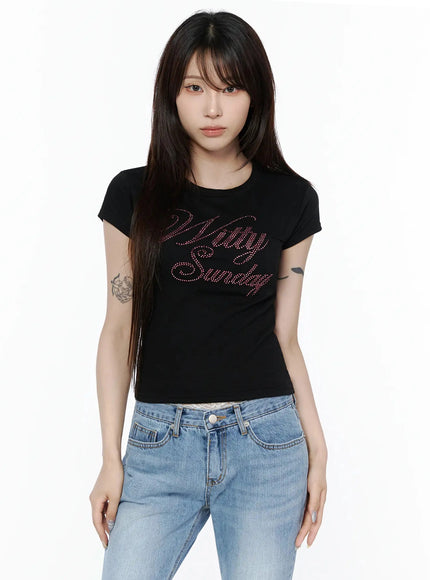 Rhinestone Graphic Tee IL506 in Black, size S/M