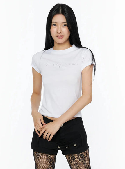 Rhinestone Slim Fit Short Sleeve Tee IL509 White front shot on model with hands clasped showing slim cropped fit and rhinestone chest detail
