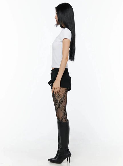 Rhinestone Slim Fit Short Sleeve Tee IL509 White side shot on model showing slim fitted silhouette and short sleeve cut with lace tights and boots