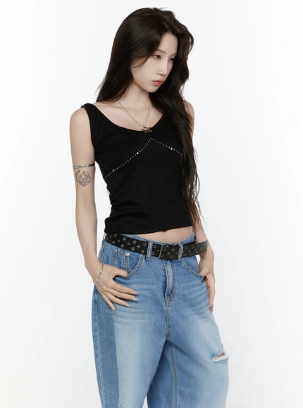 Rhinestone V-Neck Tank Top IL522 in Black, size S/M