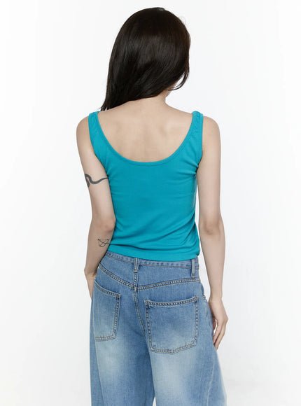 Rhinestone V-Neck Tank Top IL522 Blue back shot on model revealing scoop back neckline, wide straps and clean teal jersey fabric