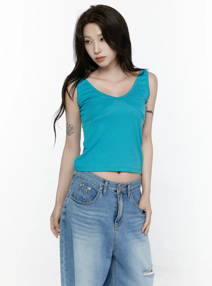 Rhinestone V-Neck Tank Top IL522 Blue front shot on model showing scoop neckline and rhinestone V-line seam detail on cropped body