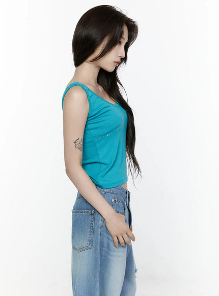 Rhinestone V-Neck Tank Top IL522 Blue side shot on model showing slim cropped profile, scoop neckline depth and sleeveless silhouette