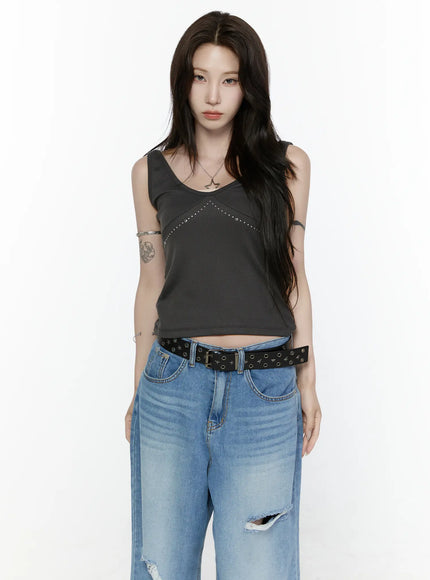 Rhinestone V-Neck Tank Top IL522 in Gray, size S/M
