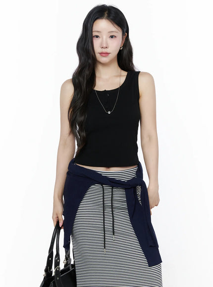 LEWKIN Ribbed Button Tank Top IU525 Black S/M front model shot cropped ribbed tank with henley buttons styled with striped maxi skirt and black bag