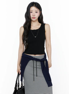 LEWKIN Ribbed Button Tank Top IU525 Black S/M front model shot cropped ribbed tank with henley buttons styled with striped maxi skirt and black bag