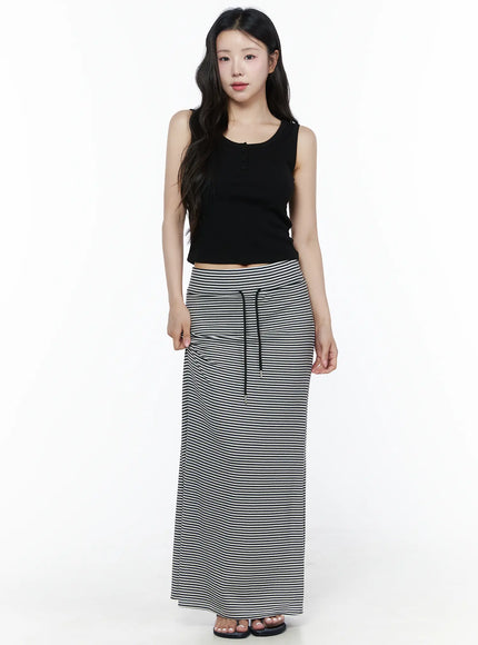 Ribbed Button Tank Top IU525 Black front model shot full-length standing pose with striped drawstring maxi skirt showing cropped hem and ribbed knit fabric