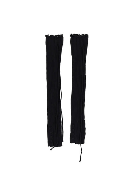Ribbed Buttoned Leg Warmers CL523 Black flat-lay pair showing full length ribbed knit leg warmers with ruffled top edge and button hem detail