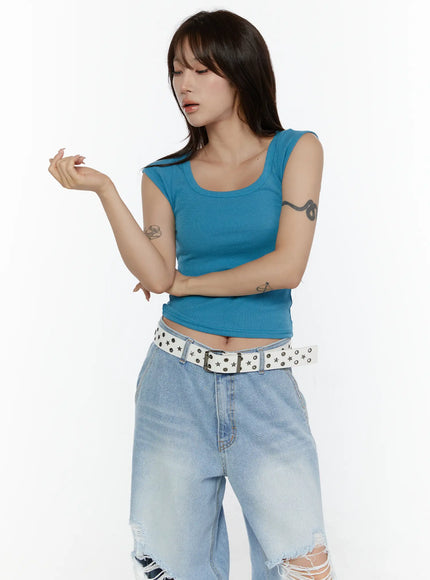Ribbed Cap Sleeve Top CL508 in Blue, size S/M