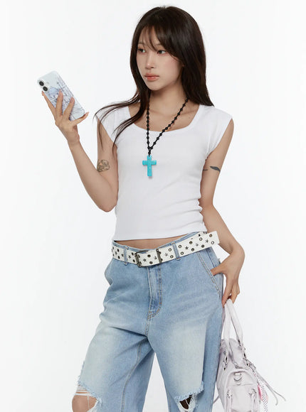 LEWKIN Ribbed Cap Sleeve Top CL508 White S/M front shot on model holding phone styled with ripped jeans and star-studded belt