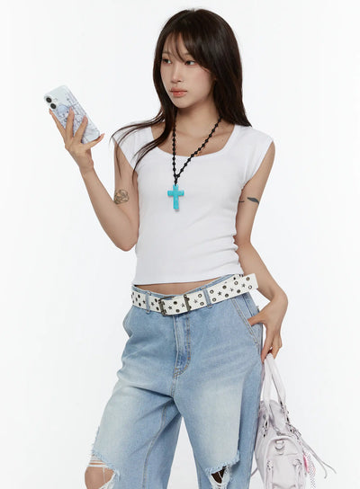 LEWKIN Ribbed Cap Sleeve Top CL508 White S/M front shot on model holding phone styled with ripped jeans and star-studded belt