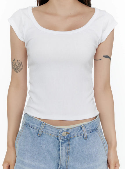 Ribbed Cap Sleeve Top CL508 White close-up front detail shot on model showing ribbed fabric scoop neckline and cropped silhouette