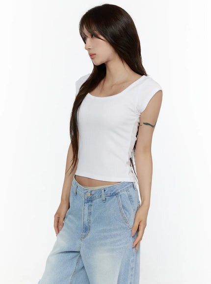 Ribbed Cap Sleeve Top CL508 White side shot on model showing ribbed texture cap sleeve detail and cropped hem with low-rise jeans