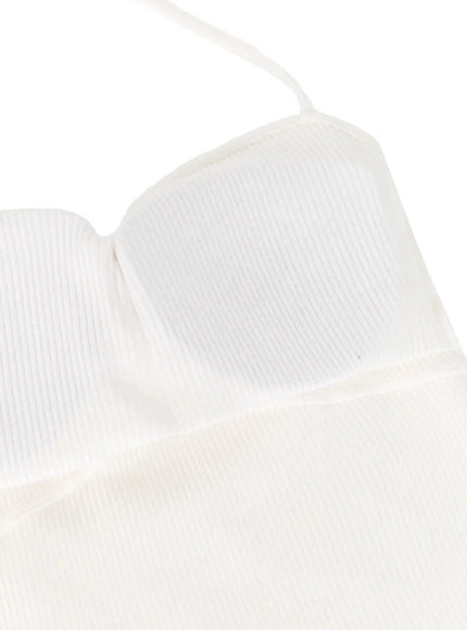 Ribbed Halter Sleeveless Top IL515 White close-up flat detail of ribbed knit texture bust cup structure and halter strap on white background