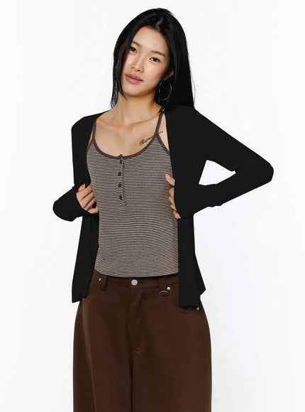 Ribbed Open Knit Cardigan IL509 in Black, size S/M