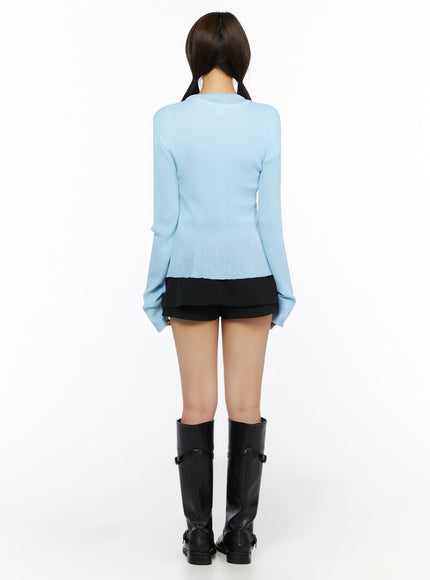 Ribbed Round Neck Cardigan IL515 Light blue back view full-body model shot showing clean ribbed knit back panel, tapered waist, and flared long sleeves