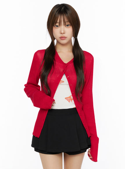 Ribbed Round Neck Cardigan IL515 in Dark pink, size S/M