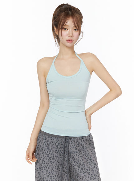 Ribbed Slim Fit Halter Top IU525 in Light blue, size S/M