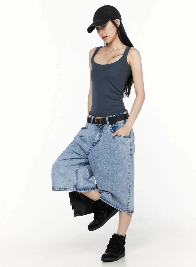 Ribbed Slim Tank Top IL516 blue-grey full-body front model shot standing with one leg raised styled with wide-leg light wash denim and black cap