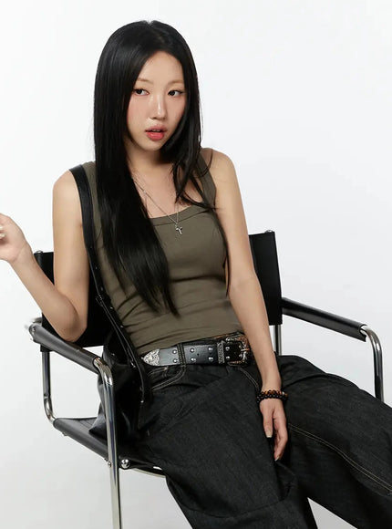 LEWKIN Ribbed Slim Tank Top IL516 Dark brown close-up seated model shot showing square neckline ribbed cotton fabric styled with black denim and studded belt